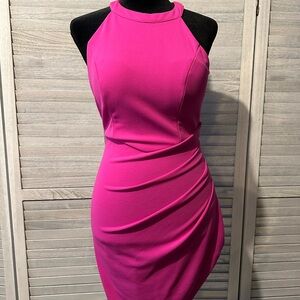 Dry Goods Hot Pink Bodycon Mini Dress with Sleeveless Halter Neckline